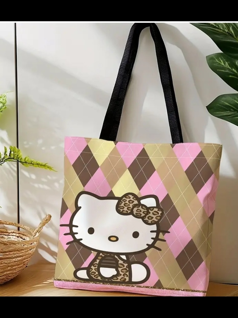 Hello Kitty Pink Brown Argyle Tote with Black Straps